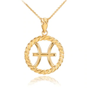 Gold Aries Zodiac Sign in Circle Rope Pendant Necklace 